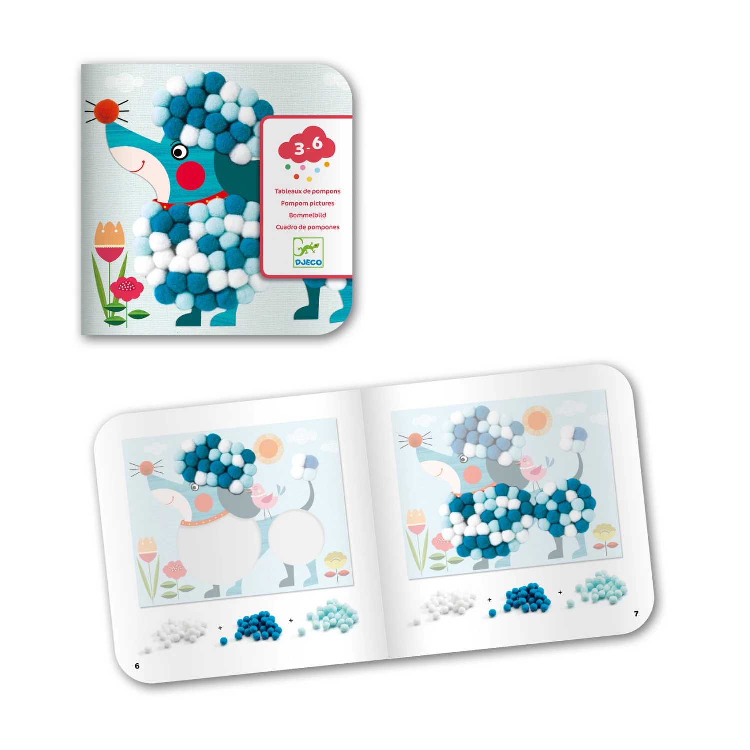 Djeco Knutselset Kunstwerk-van-pompoms Aaibare-hondjes. 4 Djeco Knutselset Kunstwerk-van-pompoms Aaibare-hondjes. - Afbeelding 2