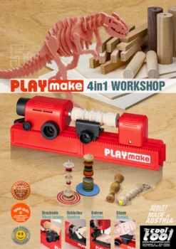 PLAYmake 4 In 1 Houtbewerkingsmachine Houtdraaibank -Auto Winkel Playmake Flyer speelactief