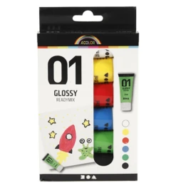Plakkaatverf Set Glossy Primaire Kleuren -Auto Winkel Verfset color acrylverf set glossy primair 6x20 ml speelactief.nl