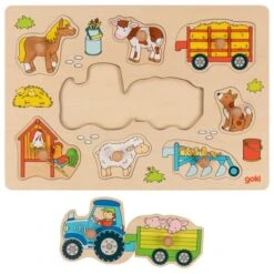 Goki Houten Noppenpuzzel Boerderij+Traktor -Auto Winkel goki 57468 noppenpuzzel traktor met aanhangwagens 1
